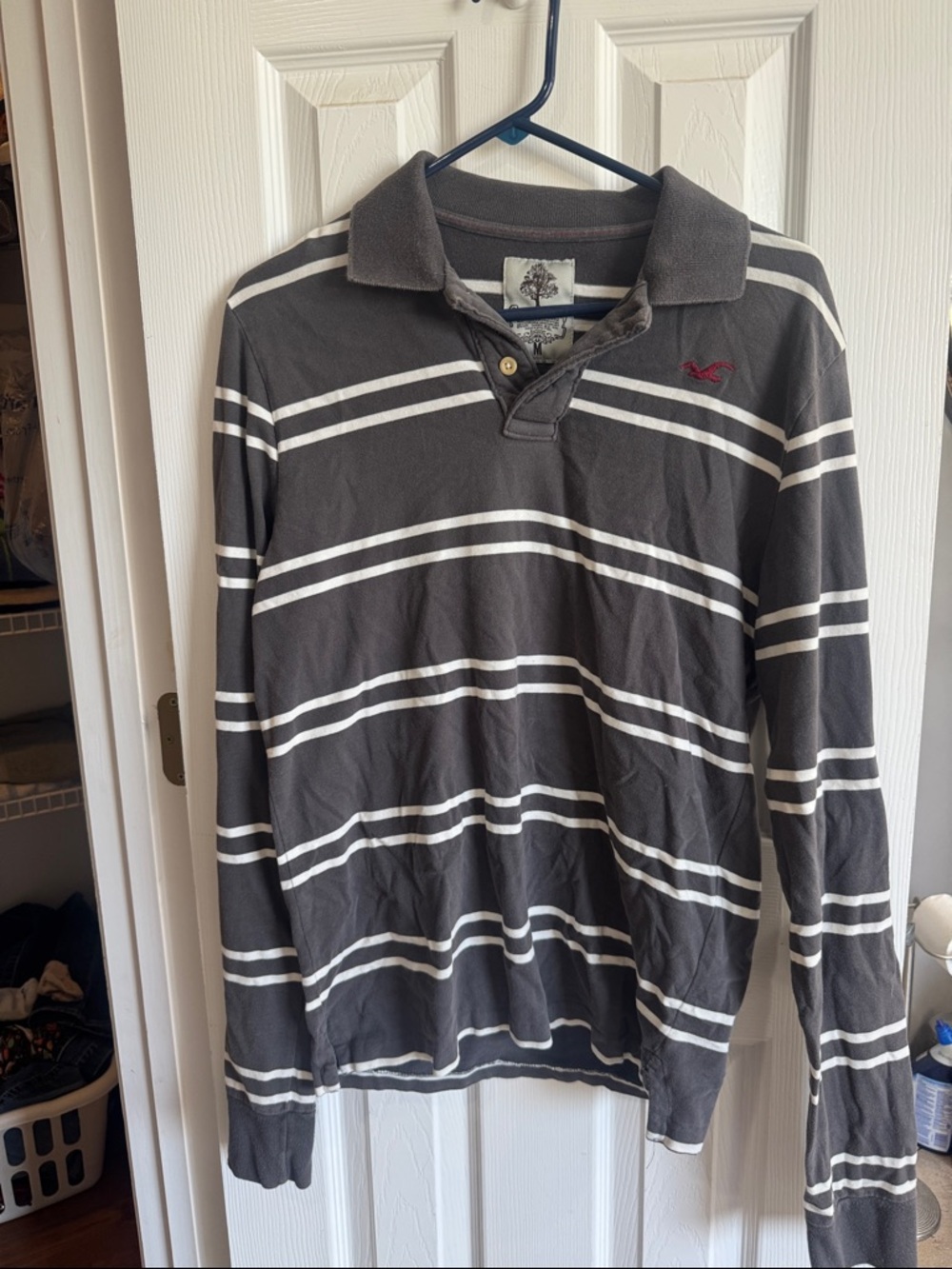 Hollister Long-Sleeve Striped Polo in Charcoal and White